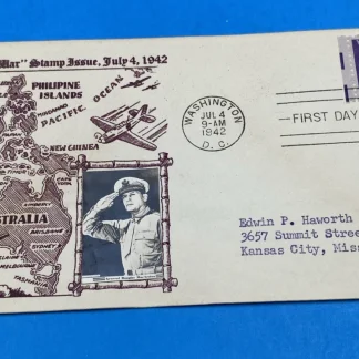 1942 “Win The War” FDC – Gen. MacArthur Cachet, Pacific Theater Map, July 4