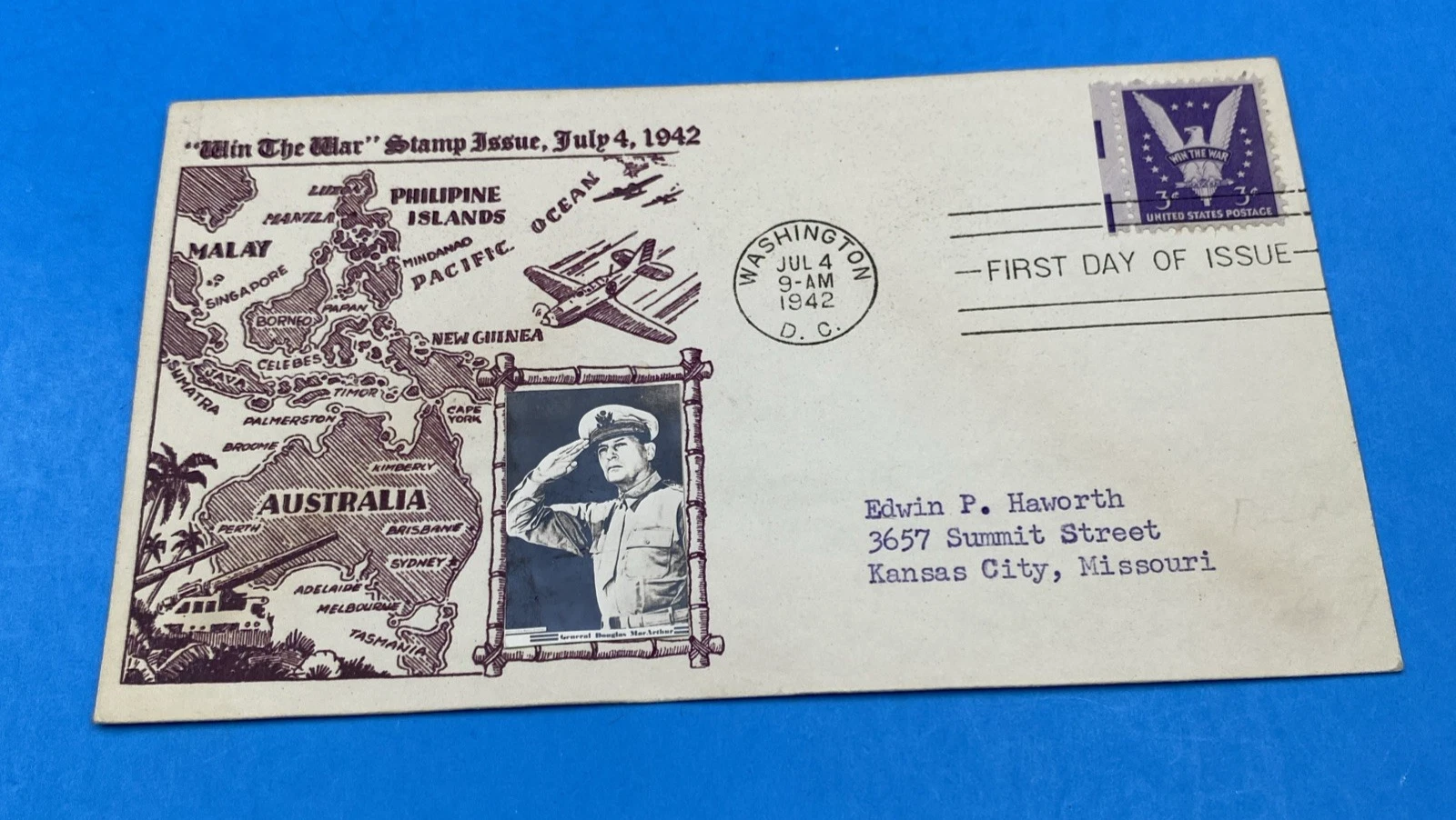 1942 “Win The War” FDC – Gen. MacArthur Cachet, Pacific Theater Map, July 4