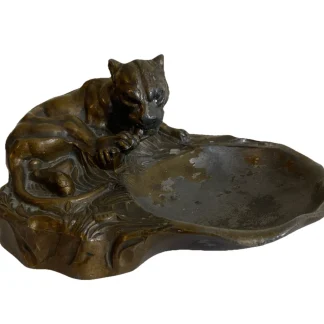 Vintage Art Deco Metal Spelter Ravenous Feeding Lion or Panther Ashtray