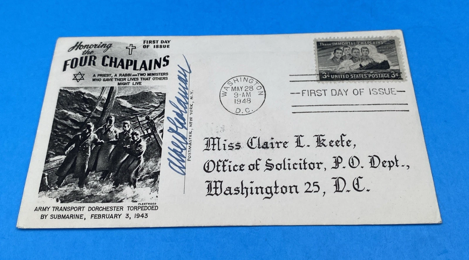1948 Four Chaplains Fleetwood Cover Signed Albert Goldman Claire Keefe, FDC WW2