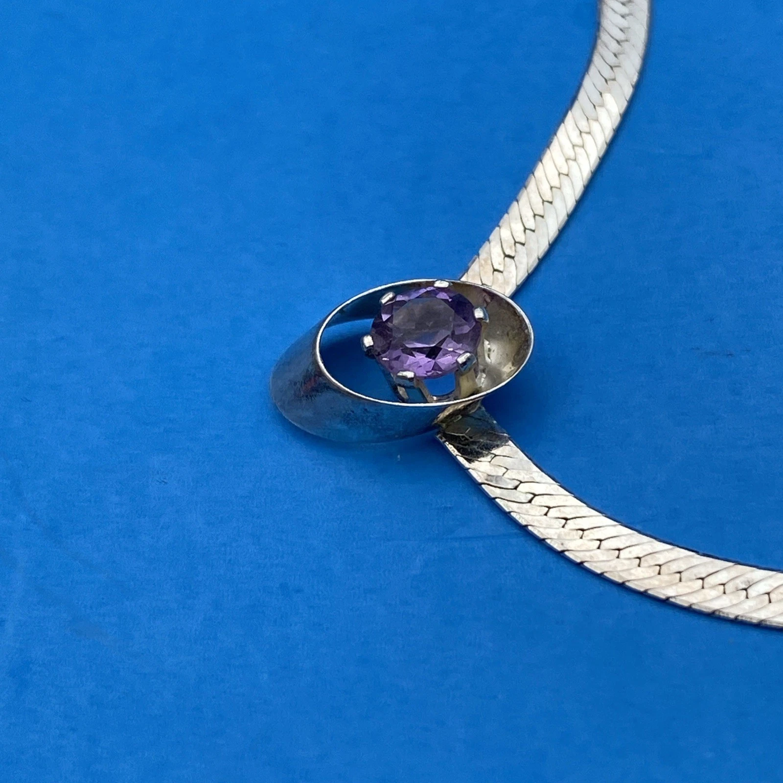 925 Italy SU Herringbone Chain Necklace 16in Fixed Purple Oval Gem Stone Pendant - Image 5