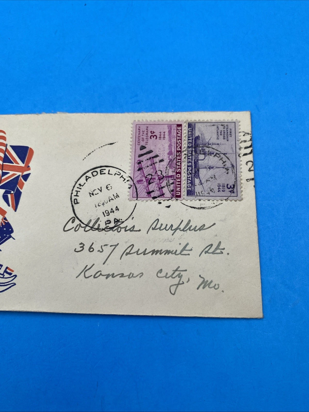 1944 Keep 'Em Flying Patriotic Cover SEPAD 1944 label Wolf Phila to KC 2x 3c - Image 3