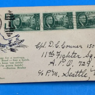 1945 WWII War Bond Cover 3×1¢ FDR Stamps Holliston MA to 11th Fighter Sq APO 729