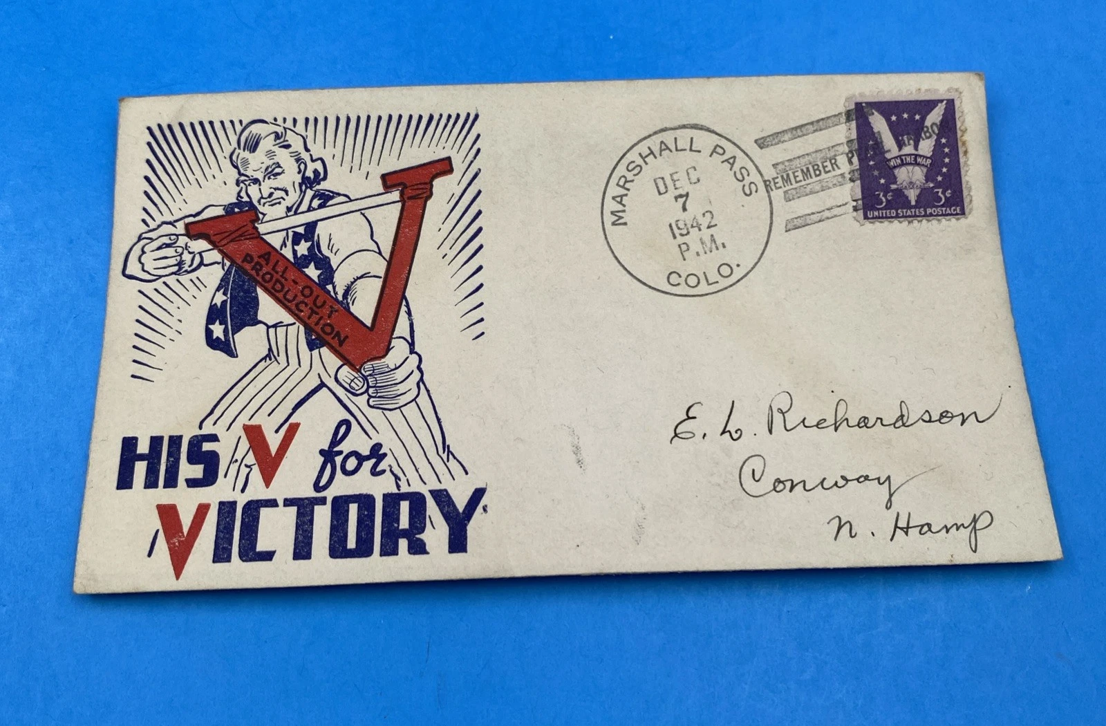WWII Dec 7 1942 Marshall Pass CO 'Remember Pearl Harbor' V for Victory cover USA