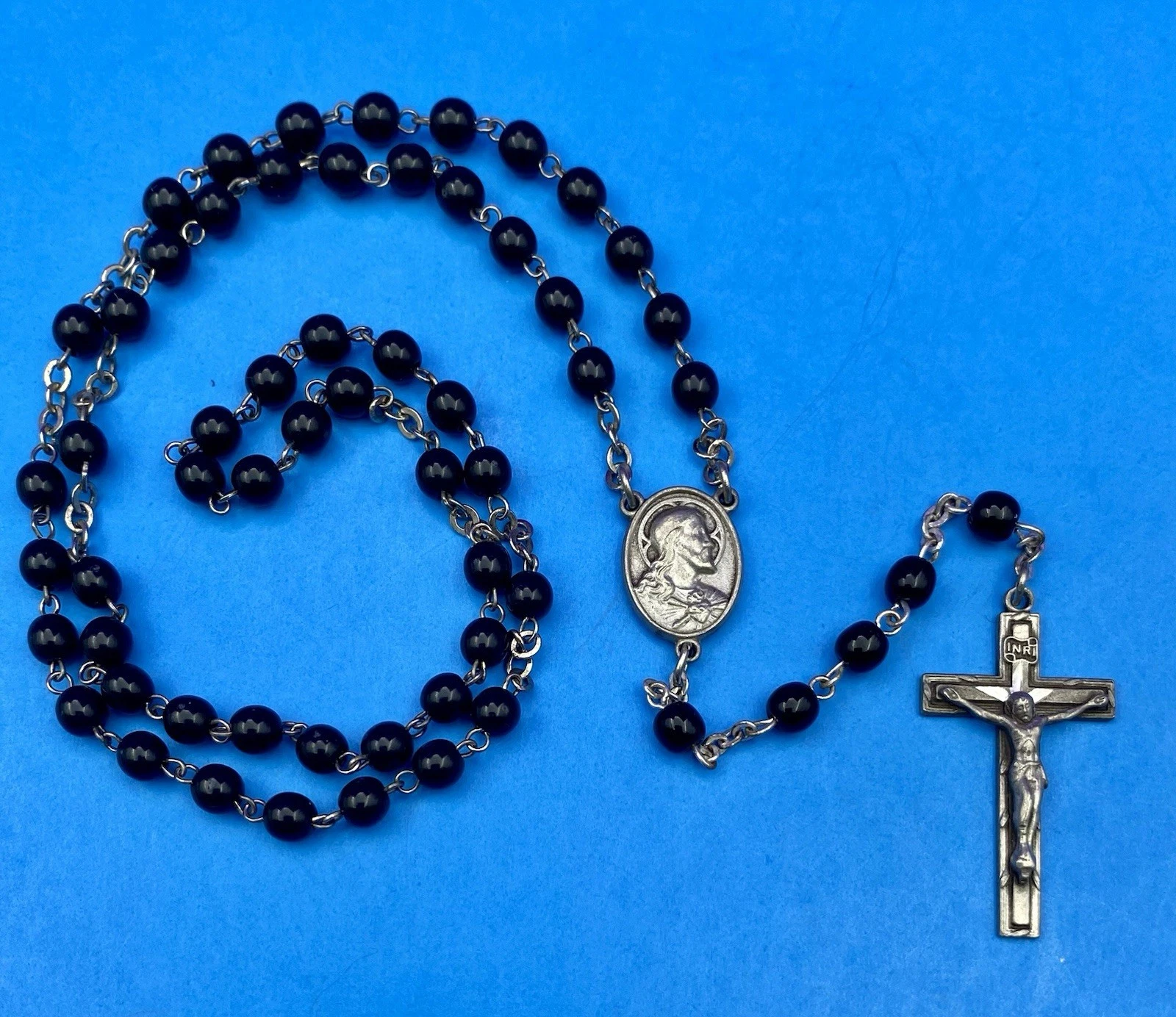 Vintage Beautiful Black Glass Petite Rosary, Jesus, Pewter, Christianity, 15”