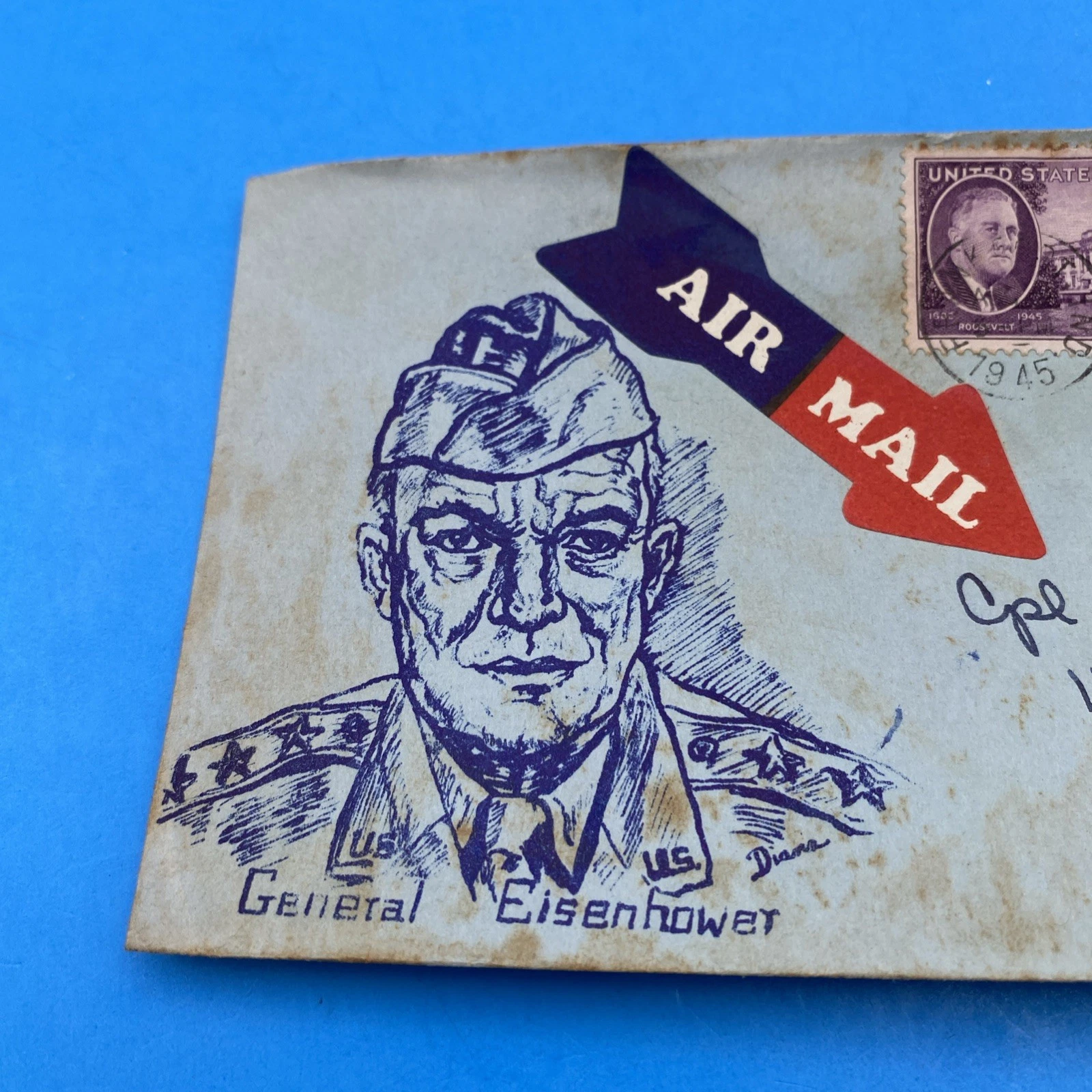 WWII Patriotic Eisenhower Cachet by Diana (Huss) w/ 3¢ FDR Pair to APO 729 - Image 2
