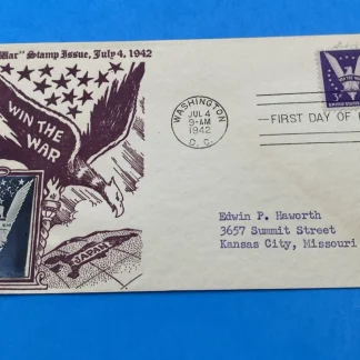 1942 Win the War FDC Washington DC July 4 Crosby Photo Cachet Scott 905