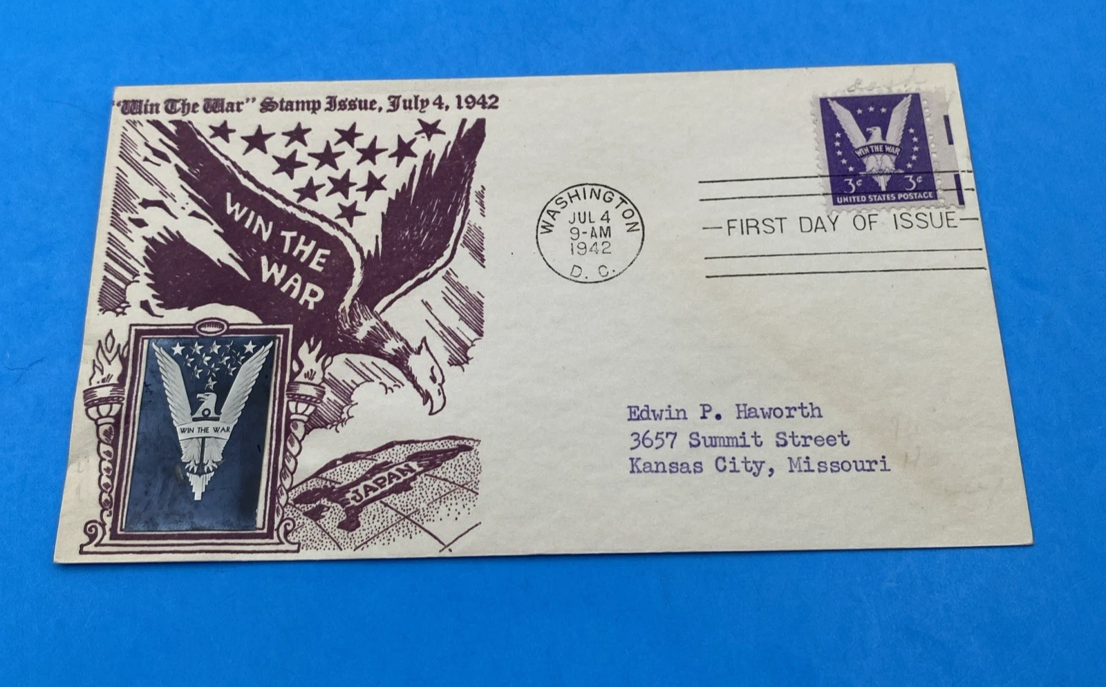 1942 Win the War FDC Washington DC July 4 Crosby Photo Cachet Scott 905