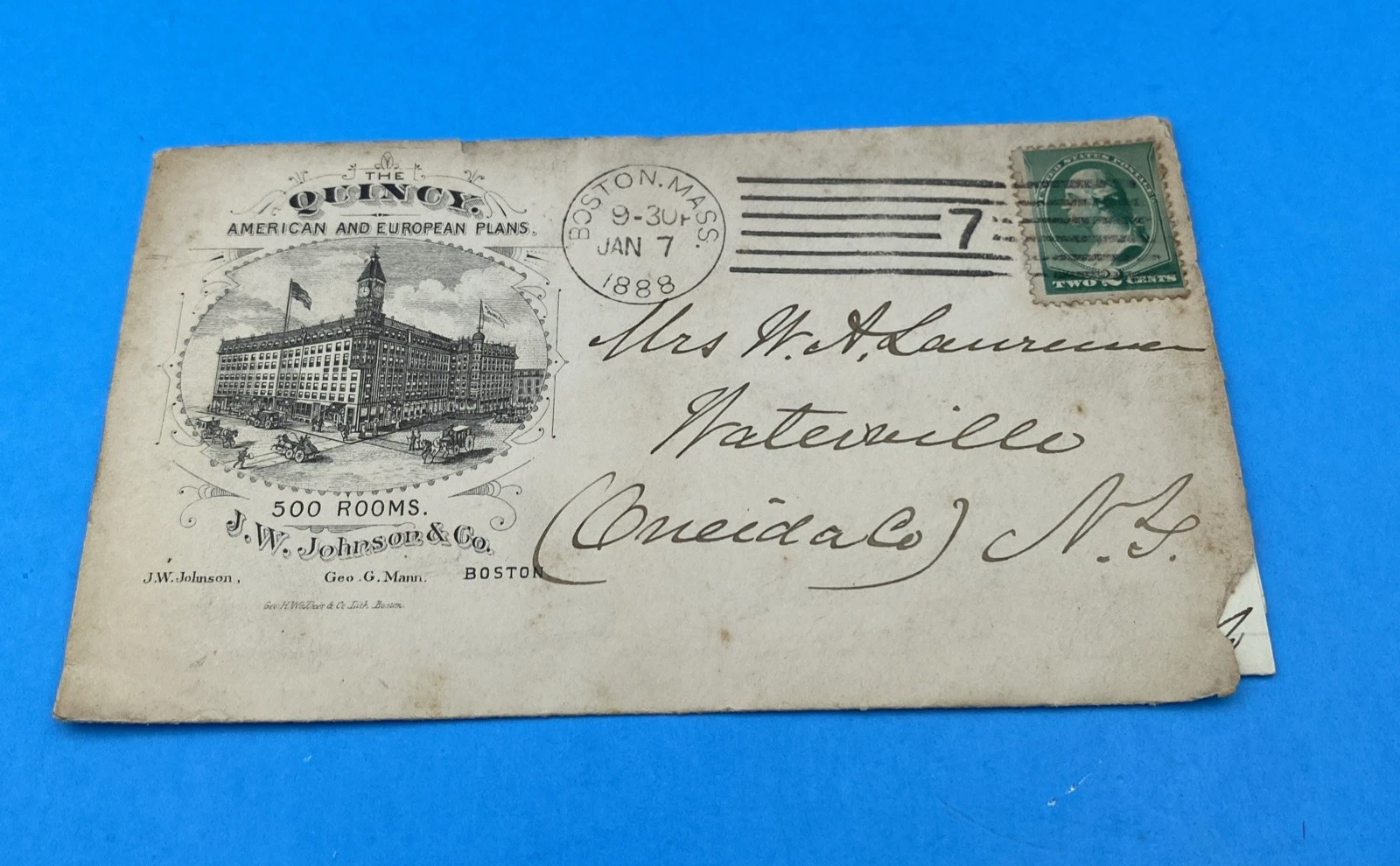1888 Quincy House Boston Hotel Cover & Letterhead Tremont Temple Brewery