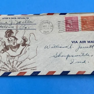 1945 Pre-VE Day Patriotic Airmail Cover Pottstown PA 8¢ Prexie Hitler Cartoon