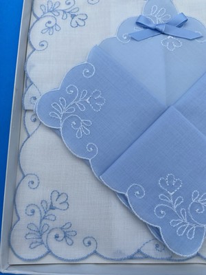 Vintage Christian Dior Handkerchief Set, Blue, White, floral embroidery, Wedding - Image 10