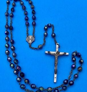 Vtg Peacock-Blue AB Faceted Glass Rosary, Jerusalem Crusader, ITALY Christianity
