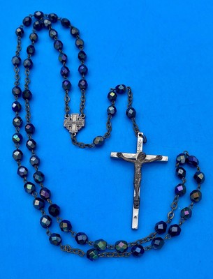 Vtg Peacock-Blue AB Faceted Glass Rosary, Jerusalem Crusader, ITALY Christianity