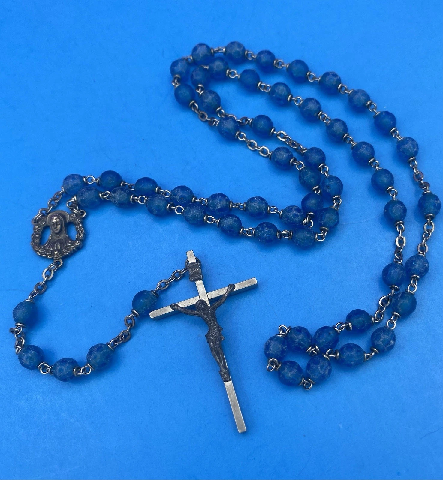 Vintage Blue Textured Plastic Bead Rosary, Mary, Jesus, ITALY, Christianity - Image 7