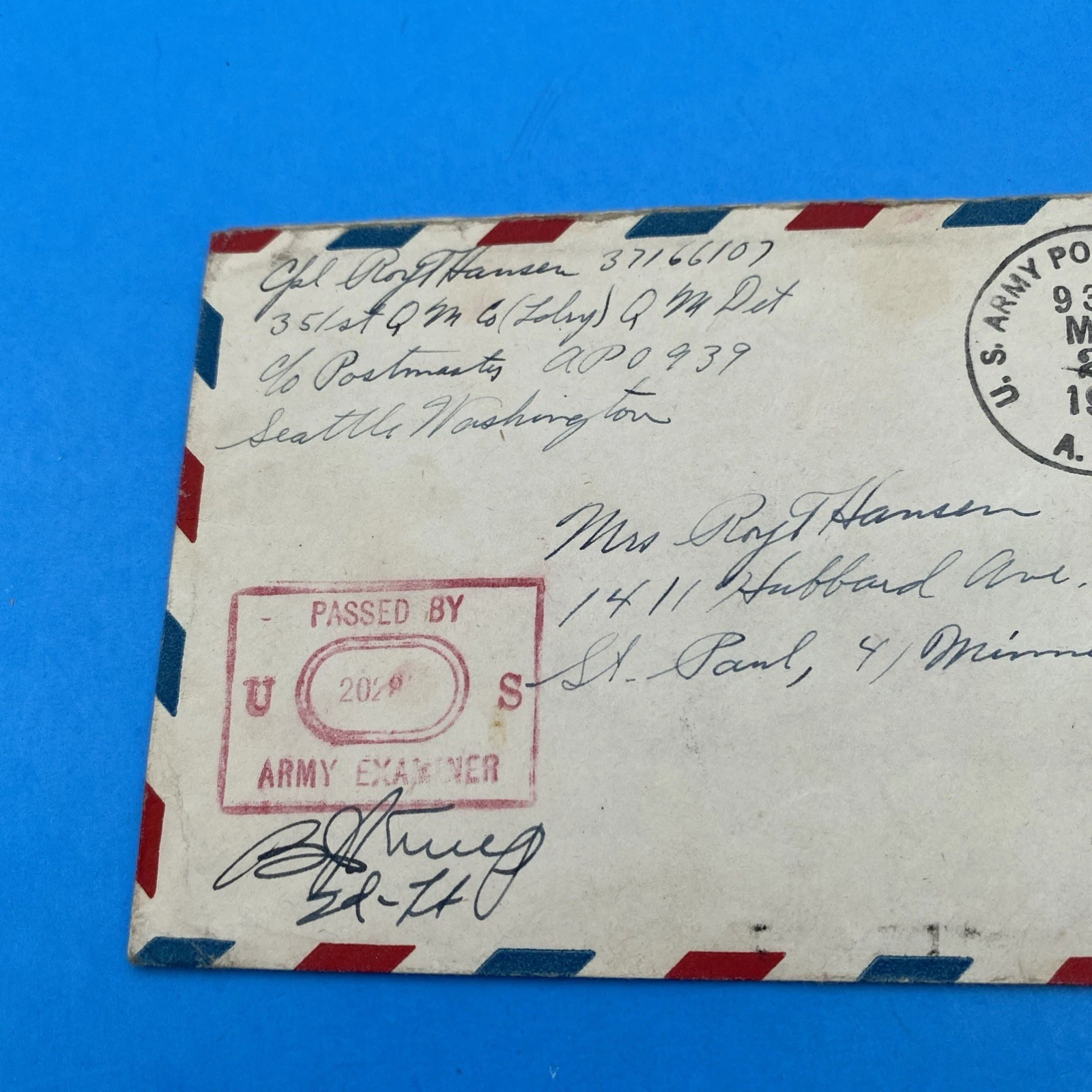 1943 APO 939 Dutch Harbor UC4 6¢ Airmail Cover Censored + 3x 2¢ Prexies - Image 2