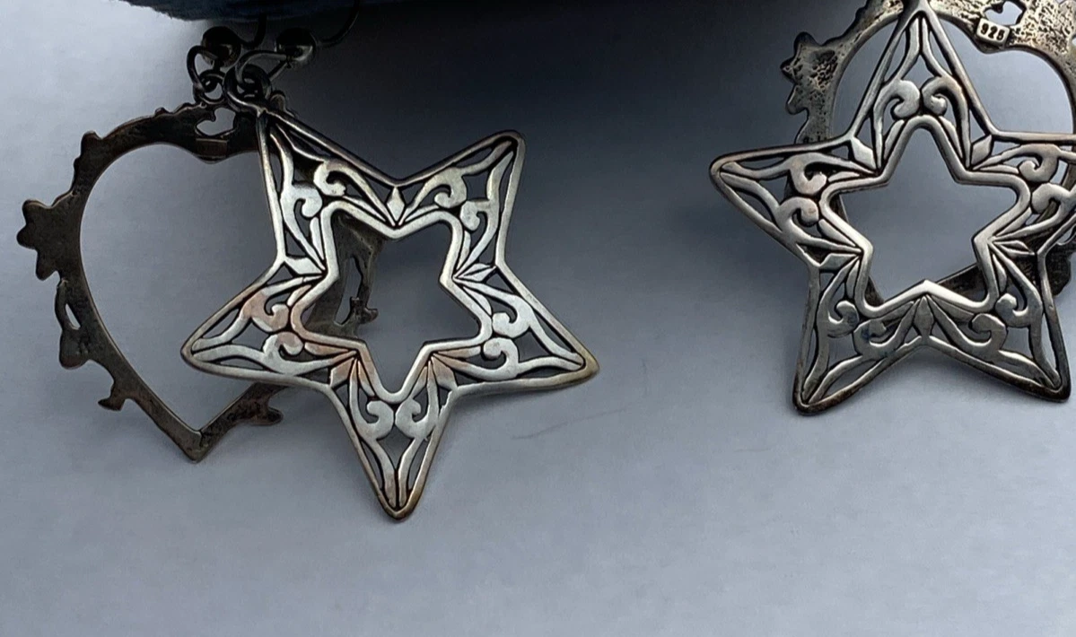 Vintage Jezlaine Sterling Silver Heart & Star Dangle Earrings 2 Pair Set NOS - Image 5