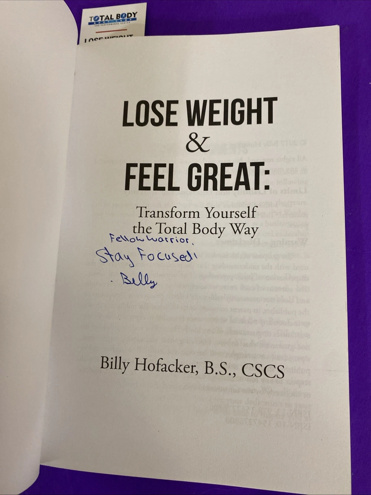 Lose Weight & Feel Great Billy Hofacker Signed Book w Promo Bookmark - Image 2