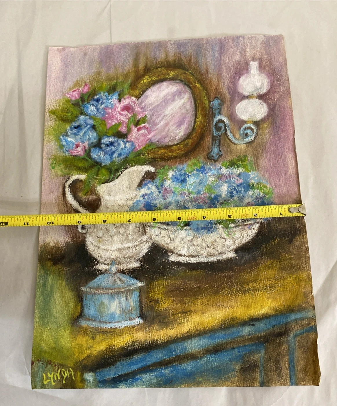 Signed Lynda Pastel Still Life Hydrangeas Pitcher & Mirror on Paper 10.5x14.5 in - Image 7