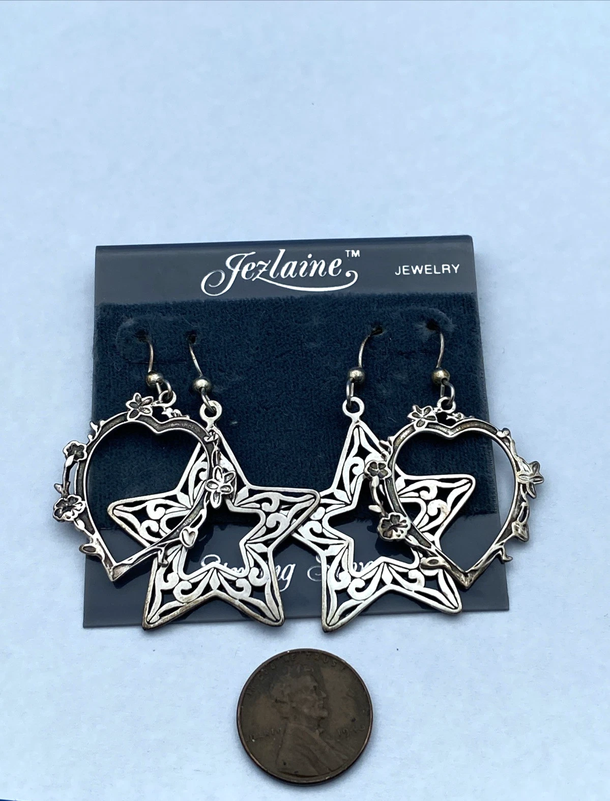 Vintage Jezlaine Sterling Silver Heart & Star Dangle Earrings 2 Pair Set NOS - Image 2