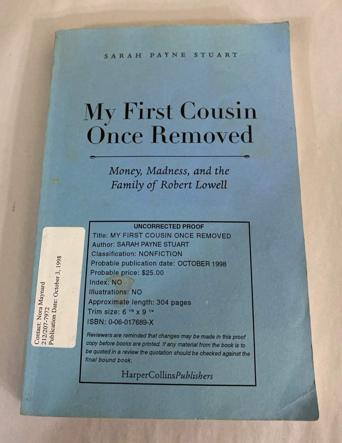 Uncorrected Proof ARC My First Cousin Once Removed Sarah Payne Stuart 1998 1stEd