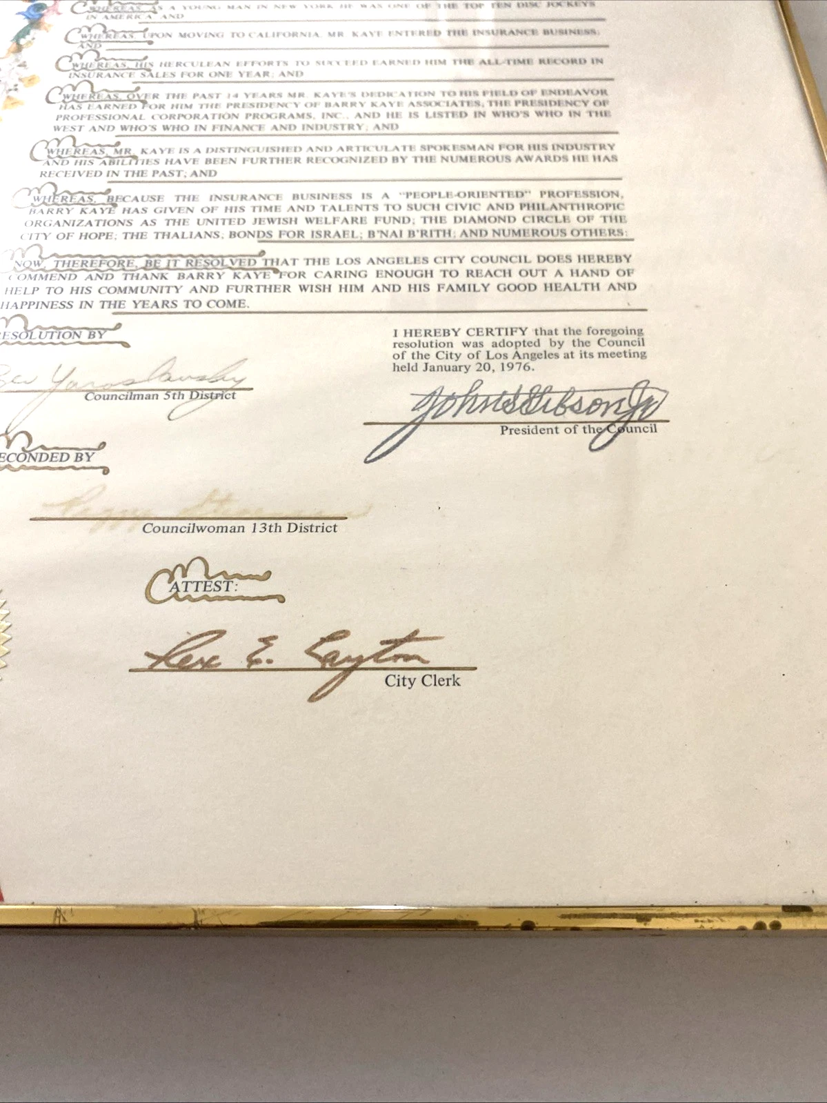 1976 Los Angeles Council Resolution Barry Kaye Signed Seal Framed 12x22 - Image 3
