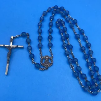 Vintage Blue Textured Plastic Bead Rosary, Mary, Jesus, ITALY, Christianity