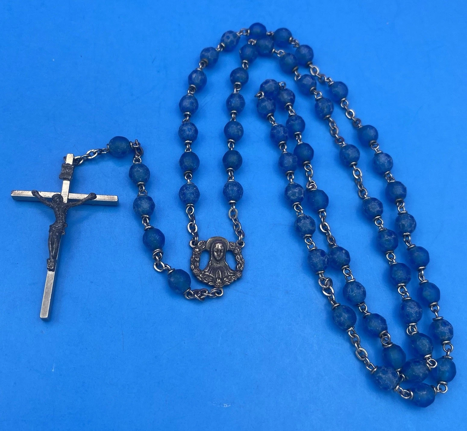 Vintage Blue Textured Plastic Bead Rosary, Mary, Jesus, ITALY, Christianity