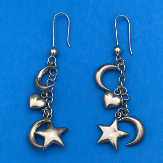 Vintage Sterling Silver Moon, Star, Heart Long Dangle Earrings