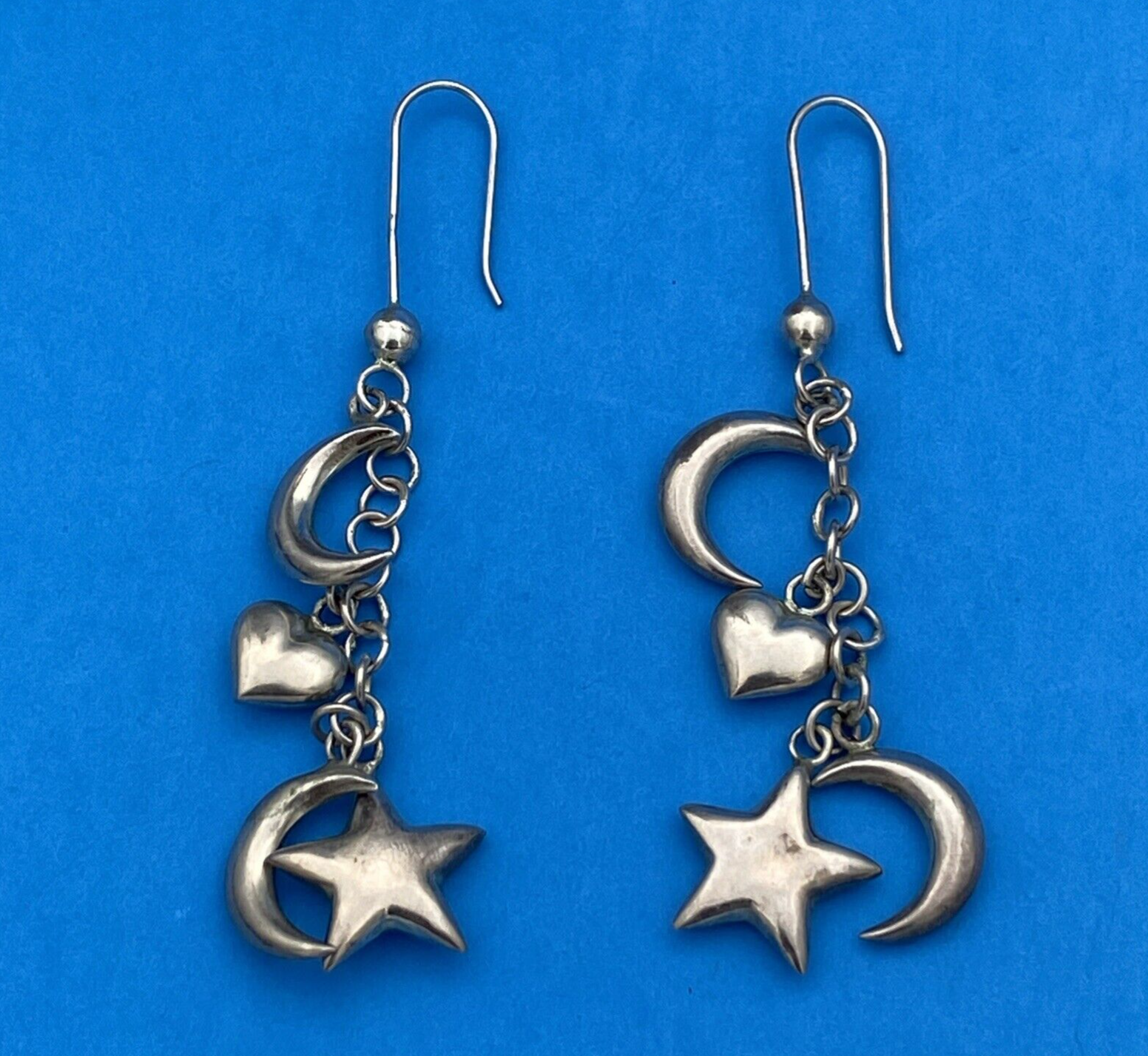 Vintage Sterling Silver Moon, Star, Heart Long Dangle Earrings