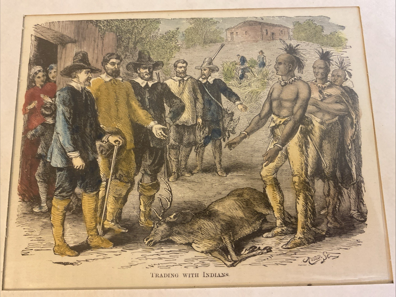 Trading with Indians - Hand Colored Engraving - Selmar Hess - 1882