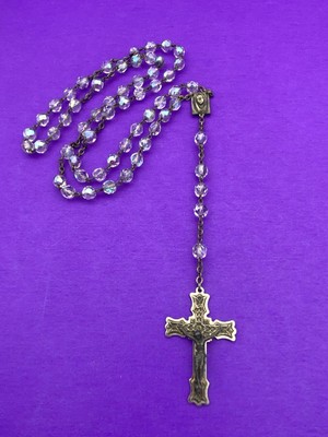 Vtg Aurora Borealis Crystal Faceted Glass Rosary ITALY, Virgin Mary Christianity - Image 3