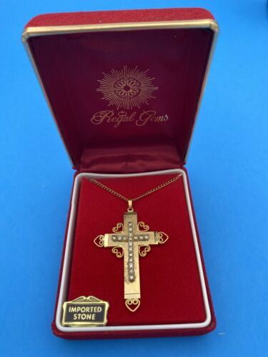 Vintage, Regal Gems, Rhinestone Gold Tone Cross Pendant Necklace, Christianity - Image 2