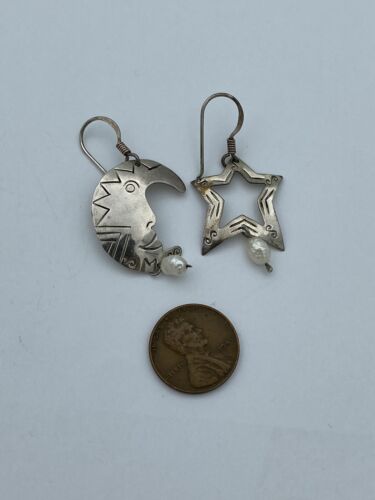 Vintage BOMA Celestial Sun Star Moon Sterling Freshwater Pearl Dangle Earrings - Image 3