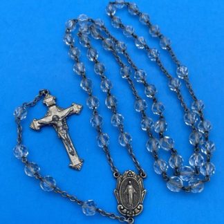 Vintage DiRoma Sterling Silver Clear Crystal Faceted Glass Rosary 20” Catholic