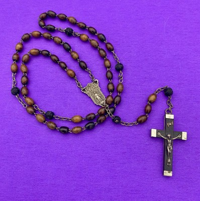 Antique Vintage Ebony Wood Bead Rosary, Virgin Mary, Jesus, FRANCE, Christianity - Image 2