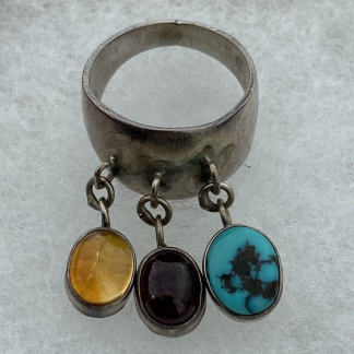 JB Native American Vintage Sterling Silver Multi Stone Dangle Finger Ring