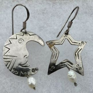 Vintage BOMA Celestial Sun Star Moon Sterling Freshwater Pearl Dangle Earrings