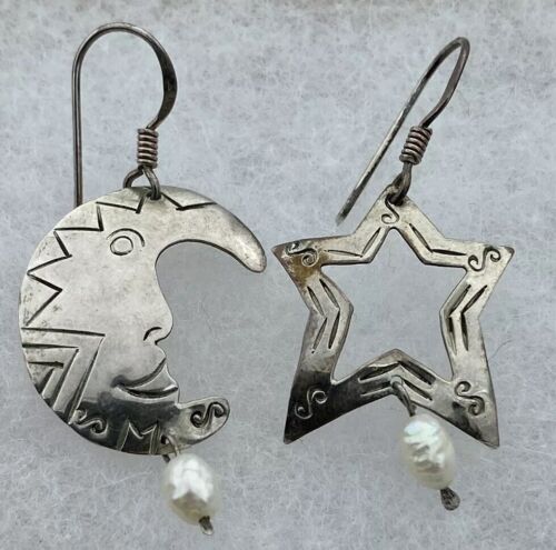 Vintage BOMA Celestial Sun Star Moon Sterling Freshwater Pearl Dangle Earrings