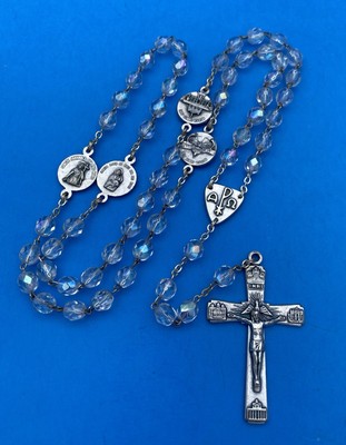 Vintage AB Crystal Faceted Glass Rosary, 4 Basilicas ROMA CITA ETERNA, Italy 20”