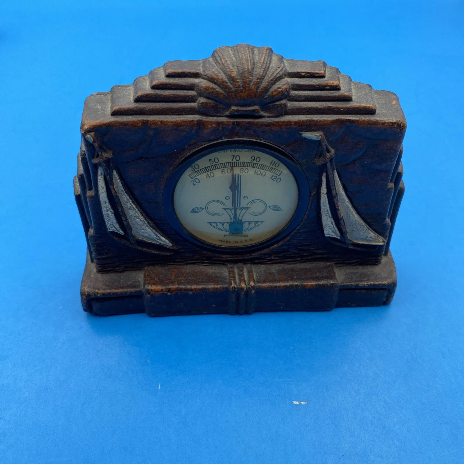 Syroco Art Deco Nautical Sailboat Desktop Thermometer 1930s Comp Wood USA Shells - Image 8