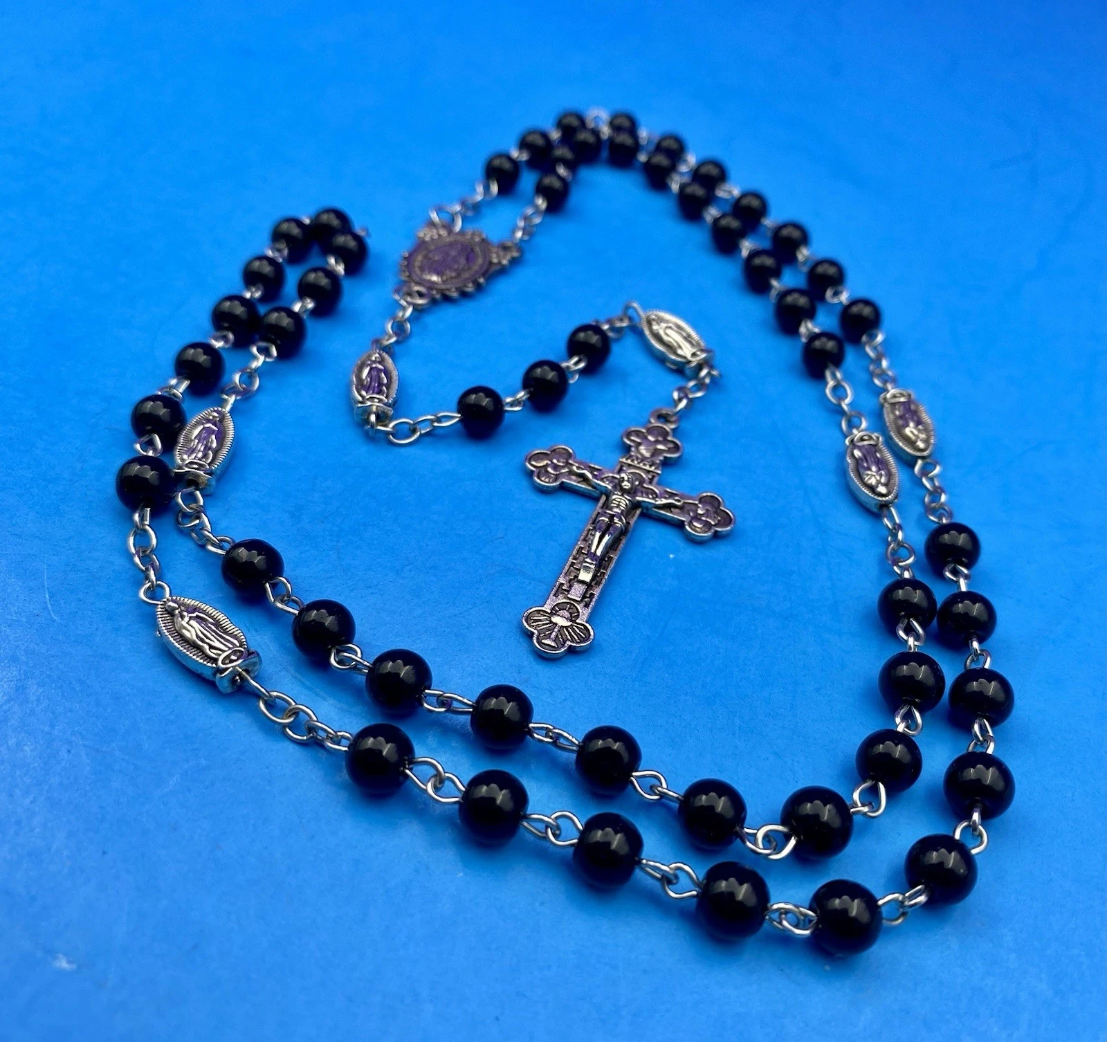 Vintage Black Round Glass Bead Rosary, Virgin Mary, Italy, Christianity 21.5” - Image 2