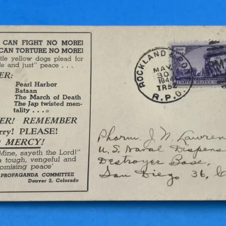 WWII Propaganda Cachet, RMS Rockland ME 1948, 3c Transcontinental Railroad