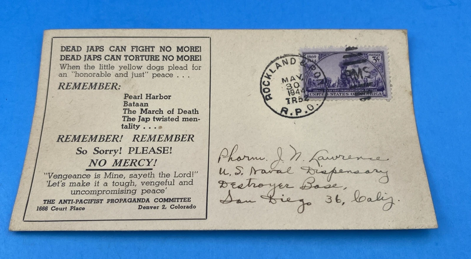 WWII Propaganda Cachet, RMS Rockland ME 1948, 3c Transcontinental Railroad