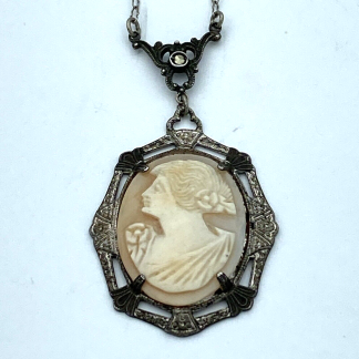 Vintage Sterling Silver Cameo Pendant Left Facing With Silver Chain