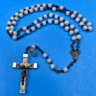Vtg White Round Glass Beads Petite Rosary, Jesus, Mary, France, Christianity 15”