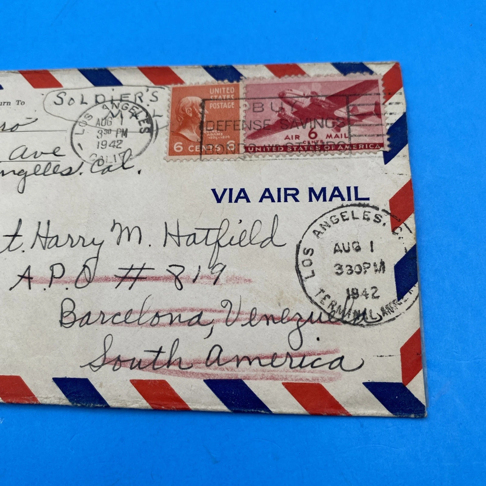 1942 LA to APO 819 Venezuela WWII Airmail 12¢, Censored, God Bless America label - Image 3