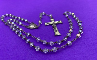 Vtg Aurora Borealis Crystal Bicone Faceted Glass Petite Rosary, MOP Crucifix,15” - Image 2