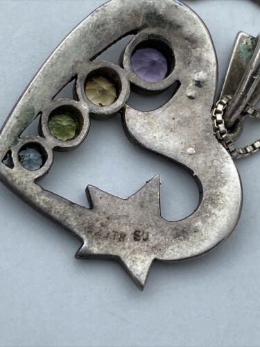 Vintage Sterling Silver Multi Gemstone Marcasite Heart Star Pendant Italy Chain - Image 7