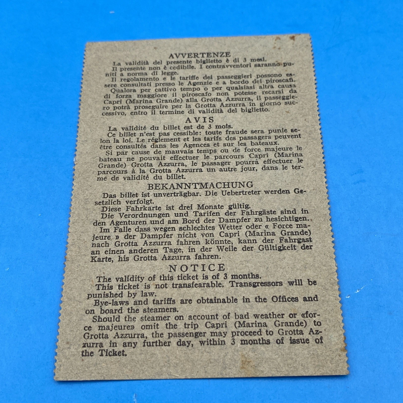 1913 Sorrento Capri Grotta Azzurra Naples Luxury Steamship Ticket Italy - Image 3