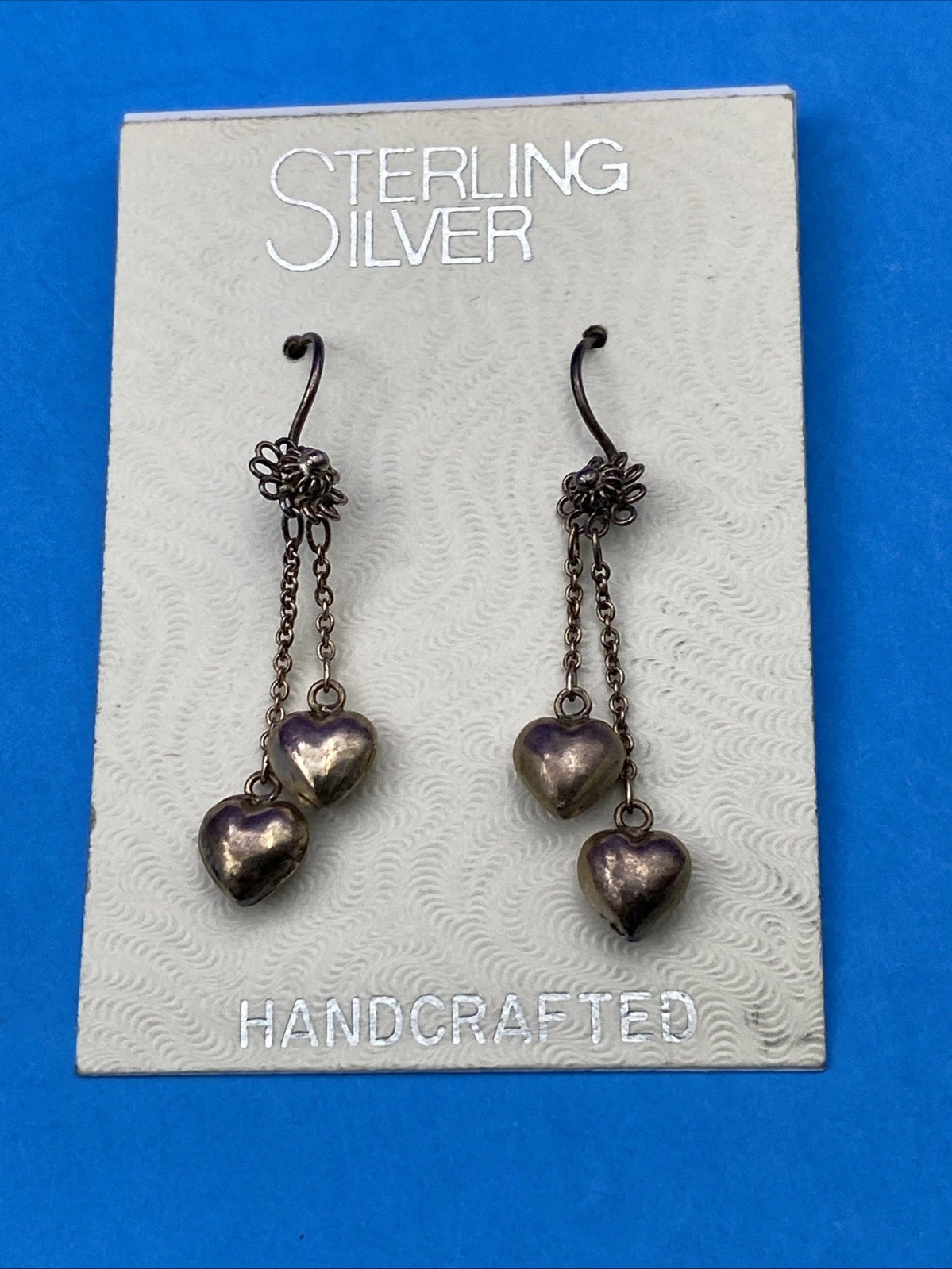Vintage Sterling Silver Handcrafted Double Heart Drop Dangle Earrings - Image 2